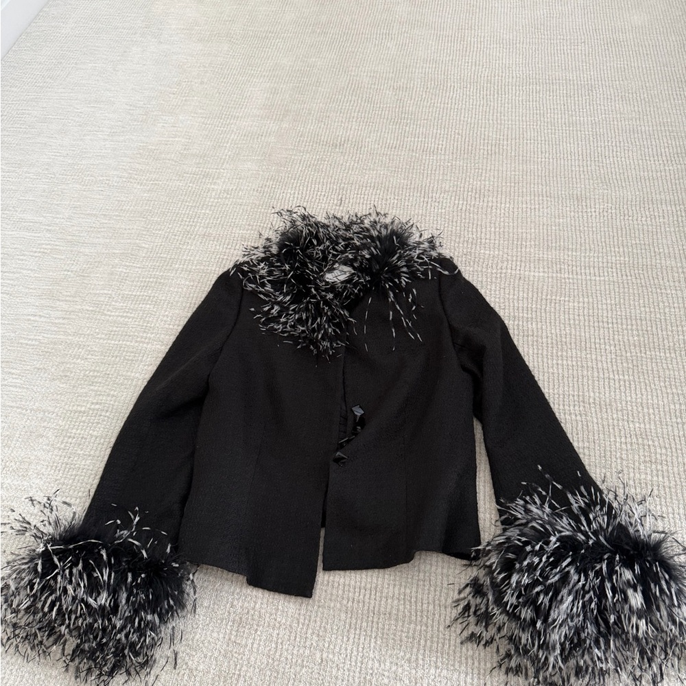 Vintage Black Jacket with Feather Trim